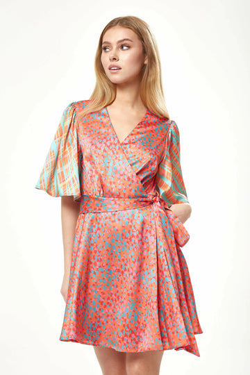 Orange Printed Mini Wrap Dress With Kimono Sleeve Liquorish